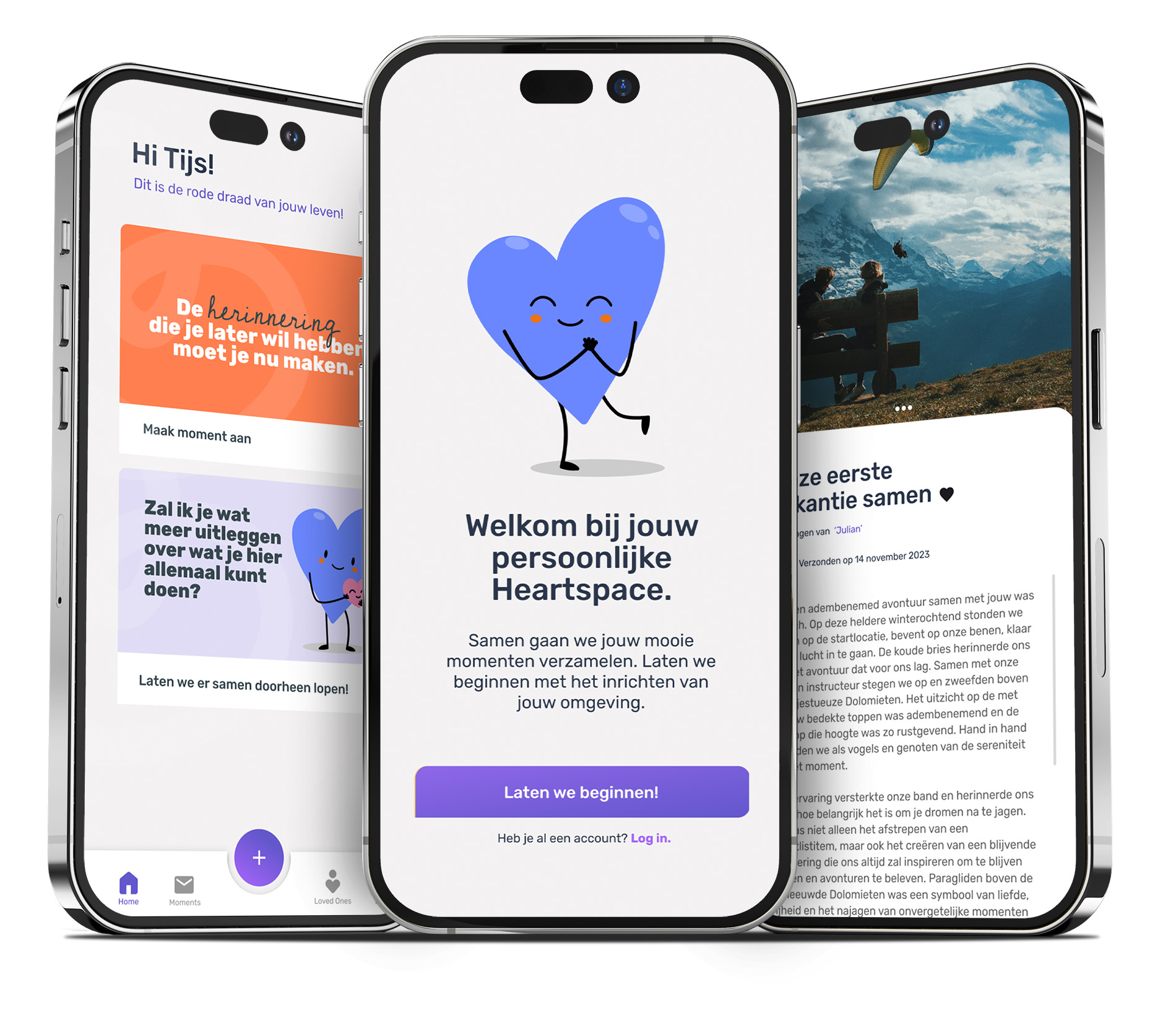 "Triptych screenshot of the My Heartspace app, showing three key screens. The first screen is the welcoming login page with mascot Huggy and an informative guide. The second screen highlights a poignant shared moment, set to be sent after the user's passing, with a personal message and photo. The third screen is the homepage, adorned with inspirational quotes to encourage moment creation, further guidance from Huggy, and featured blog posts, providing a comprehensive and engaging user experience.