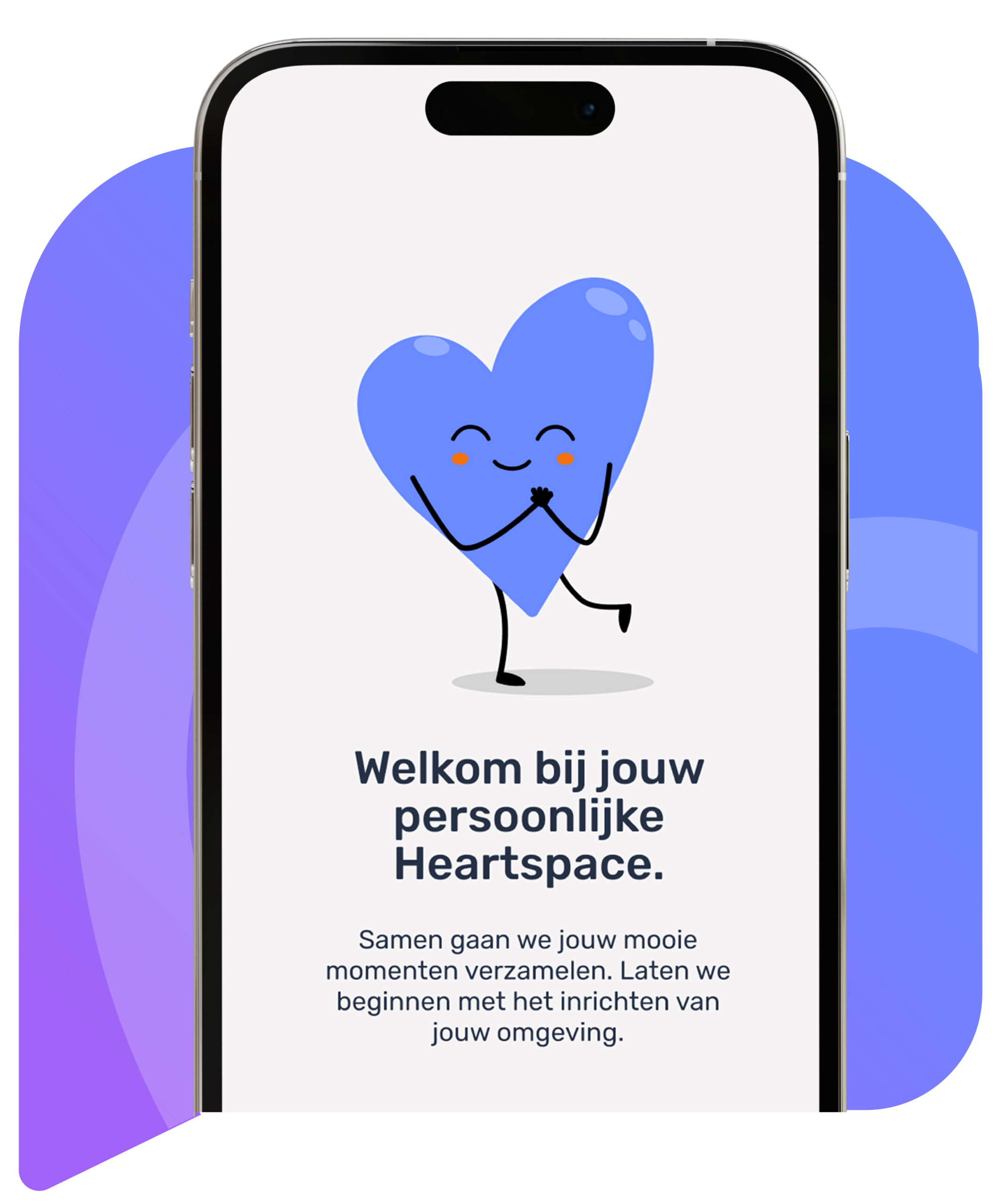 Screenshot of the My Heartspace app's login screen featuring Huggy, the app's mascot, alongside an informative text explaining the app's purpose: 'Together, we will collect your beautiful moments. Let's start by setting up your environment.' The screen combines welcoming graphics with clear, concise information, inviting users to begin their journey in the app