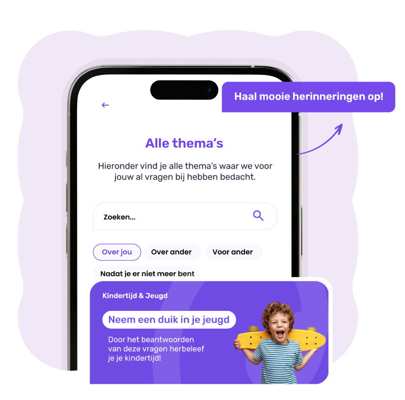 Explore' section in the app featuring over +100 questions for users to answer alone or with others, helping them create a personal memory book.