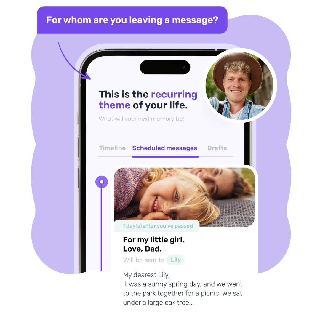 Timeline view in the app showing scheduled posts and drafts, including a message to be sent one day after death.
