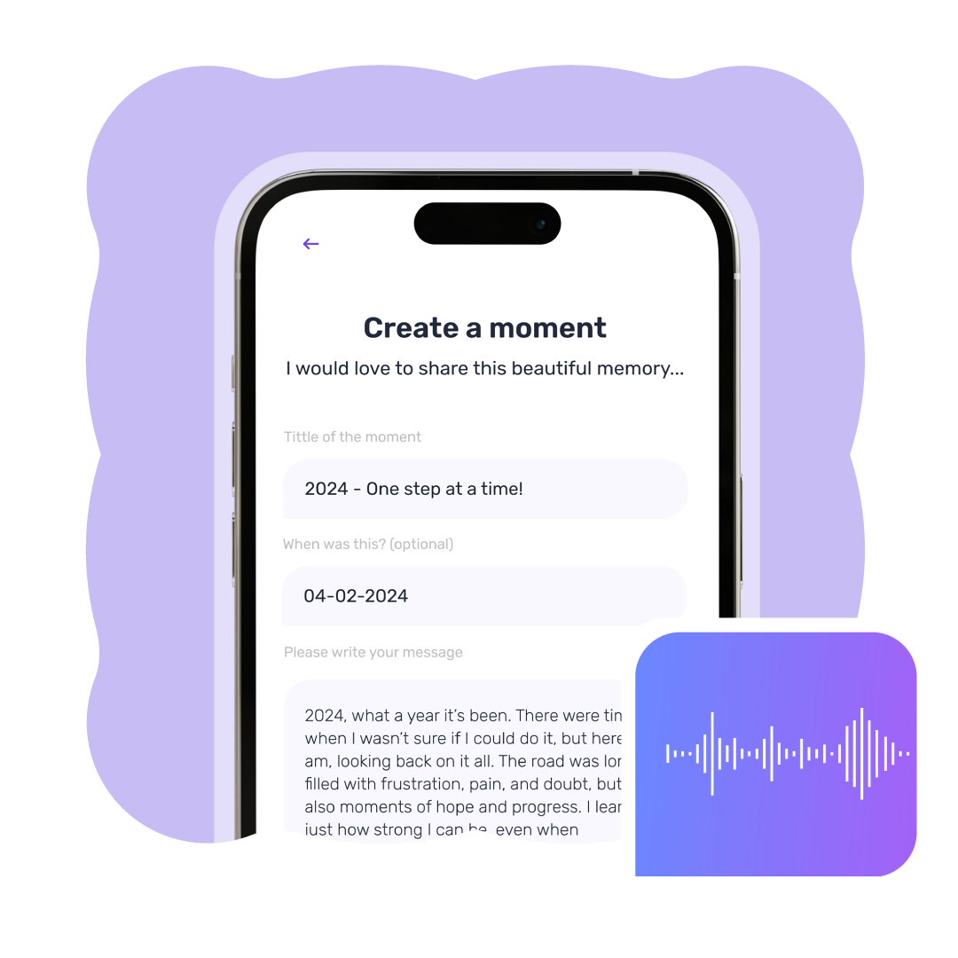 Creating a moment in the My Heartspace app with options for text, video, photo, and audio messages.