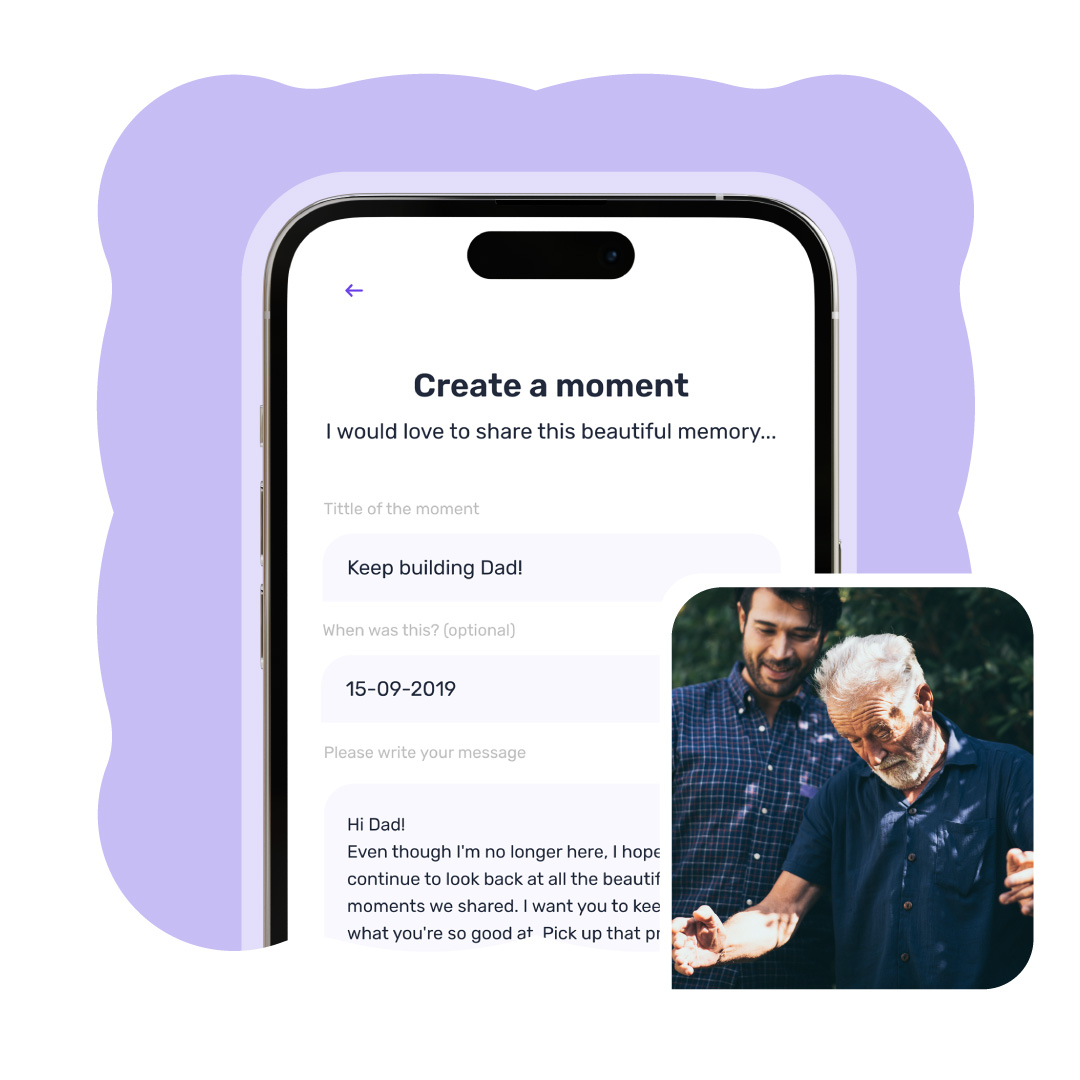 User creating a memory for his father in the My Heartspace app with a photo of them together.