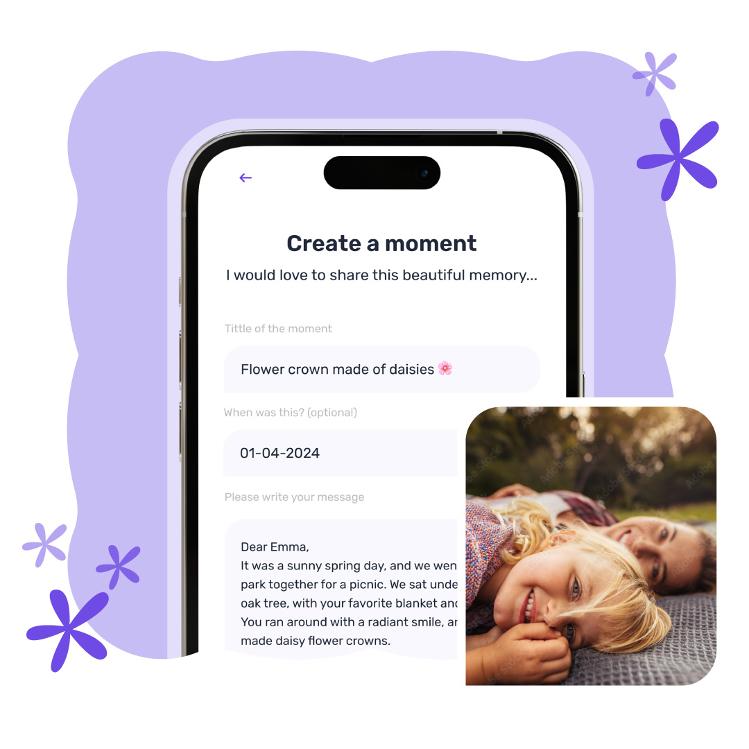 User creating a moment in the app, with options to add text, video, photo, and voice.