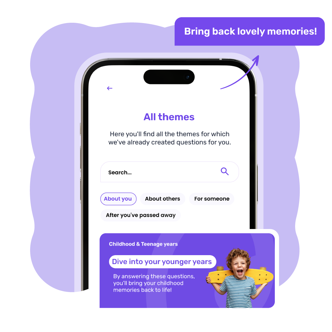 Explore' section in the app featuring over +100 questions for users to answer alone or with others, helping them create a personal memory book.