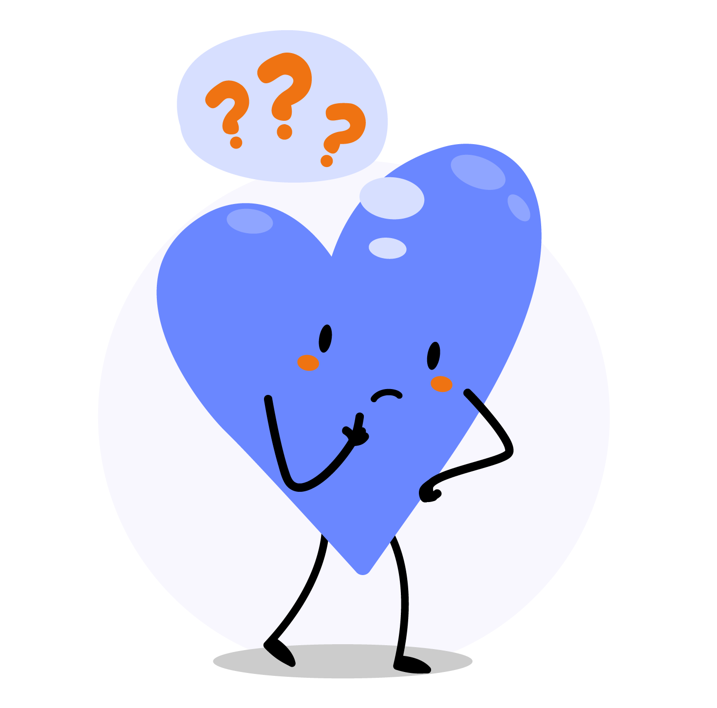 Huggy the mascot with question marks, showing he is thinking.