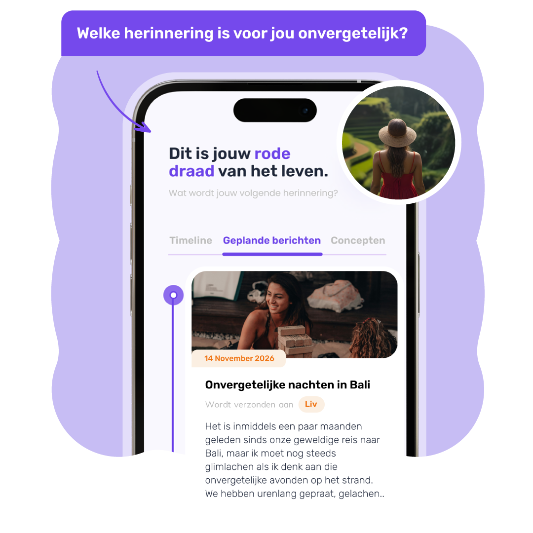 Vriendin laat een bericht achter voor haar vriend(in) over hun leuke reis naar Bali in de My Heartspace-app.