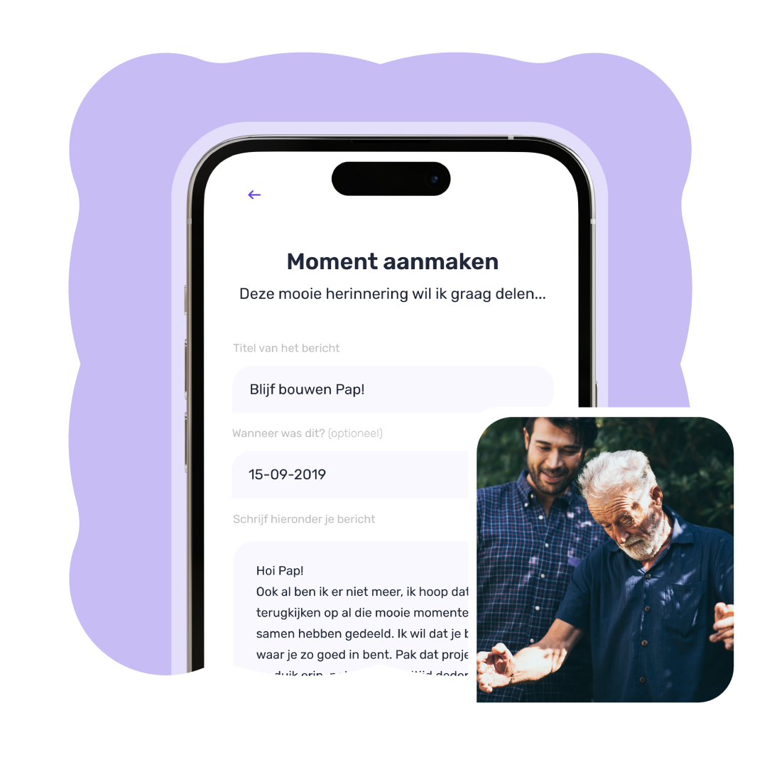 Gebruiker creëert een herinnering voor zijn vader in de My Heartspace-app met een foto van henzelf samen.