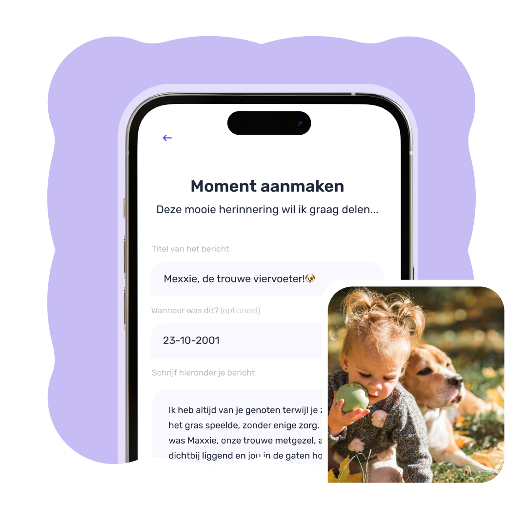 Gebruiker creëert een moment in de My Heartspace-app voor zijn dochter, dat over 10 jaar vrijgegeven zal worden.