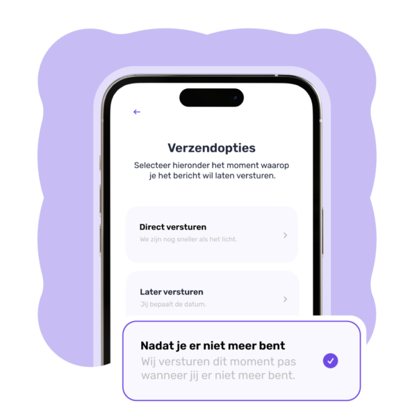 Gebruiker selecteert verschillende bezorgopties in de My Heartspace-app, waaronder onmiddellijke, geplande of na overlijden verzending