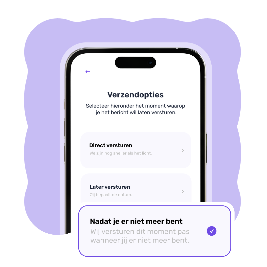 Gebruiker selecteert verschillende bezorgopties in de My Heartspace-app, waaronder onmiddellijke, geplande of na overlijden verzending