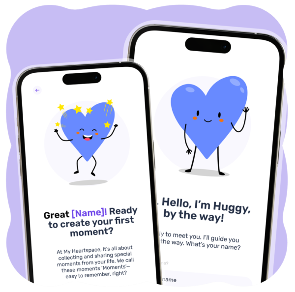 Two screenshots of the My Heartspace onboarding process, featuring Huggy, the friendly mascot, guiding users step by step through account creation.