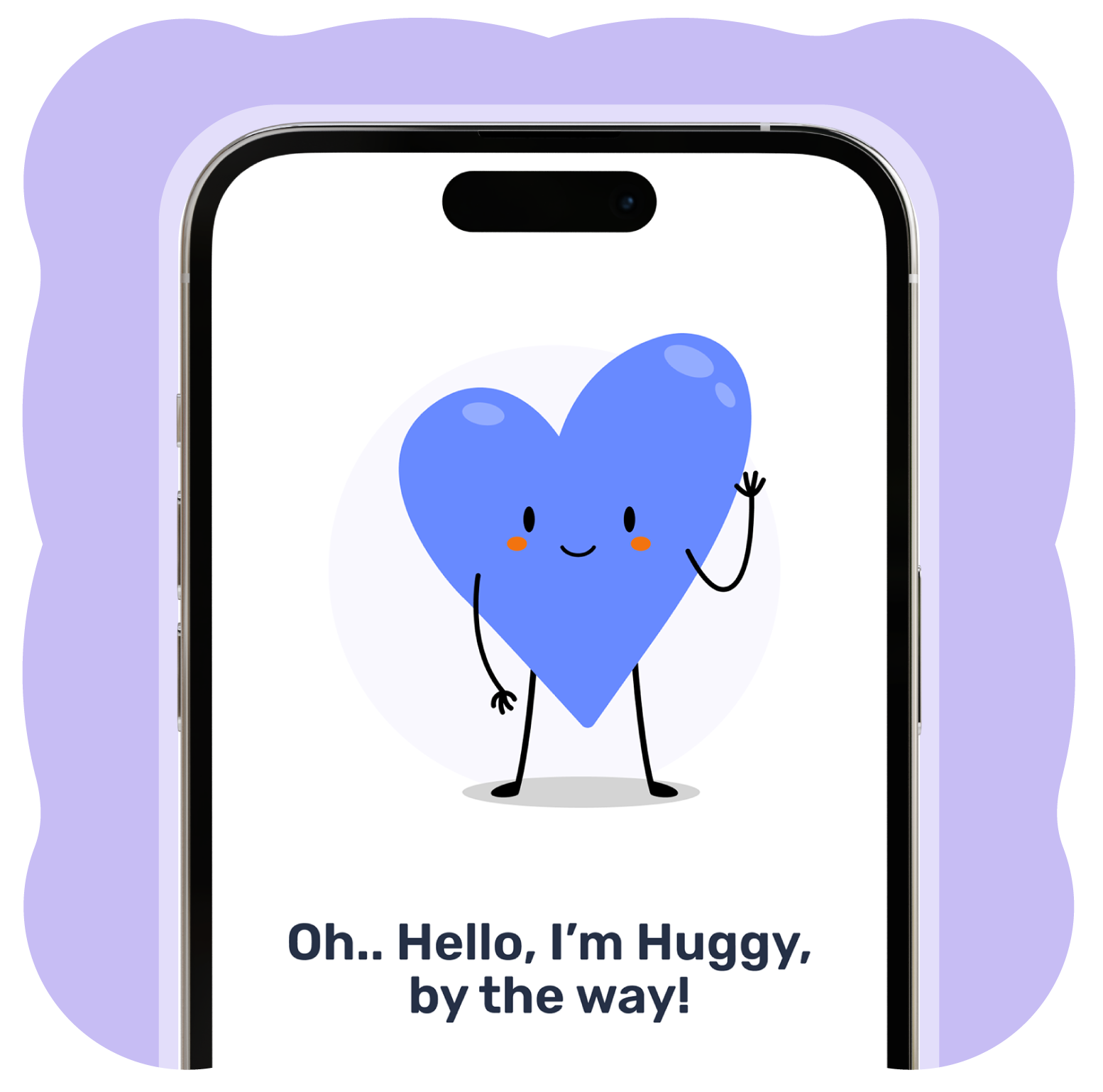 A screenshot of the My Heartspace app, featuring Huggy, the friendly mascot, introducing itself to the user.