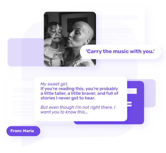 Black-and-white photo of a mother with cancer lovingly kissing her young daughter, alongside a message preview from the My Heartspace app.