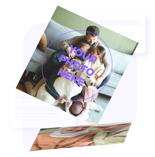 A image of a family on a couch with the words "Your Photo Here" in a circle, symbolizing a customizable photo card created to be delivered after someone's passing.