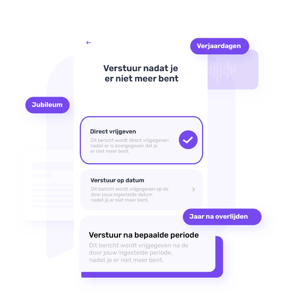 Screenshot van de My Heartspace-app met opties om een bericht na je overlijden te verzenden: direct, op een specifieke datum of na een zelfgekozen periode.